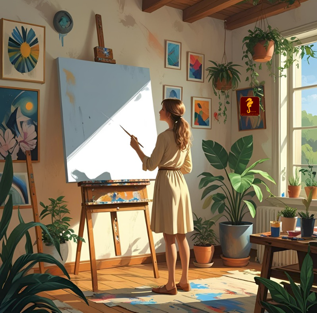 Art artist staring at a white canvas