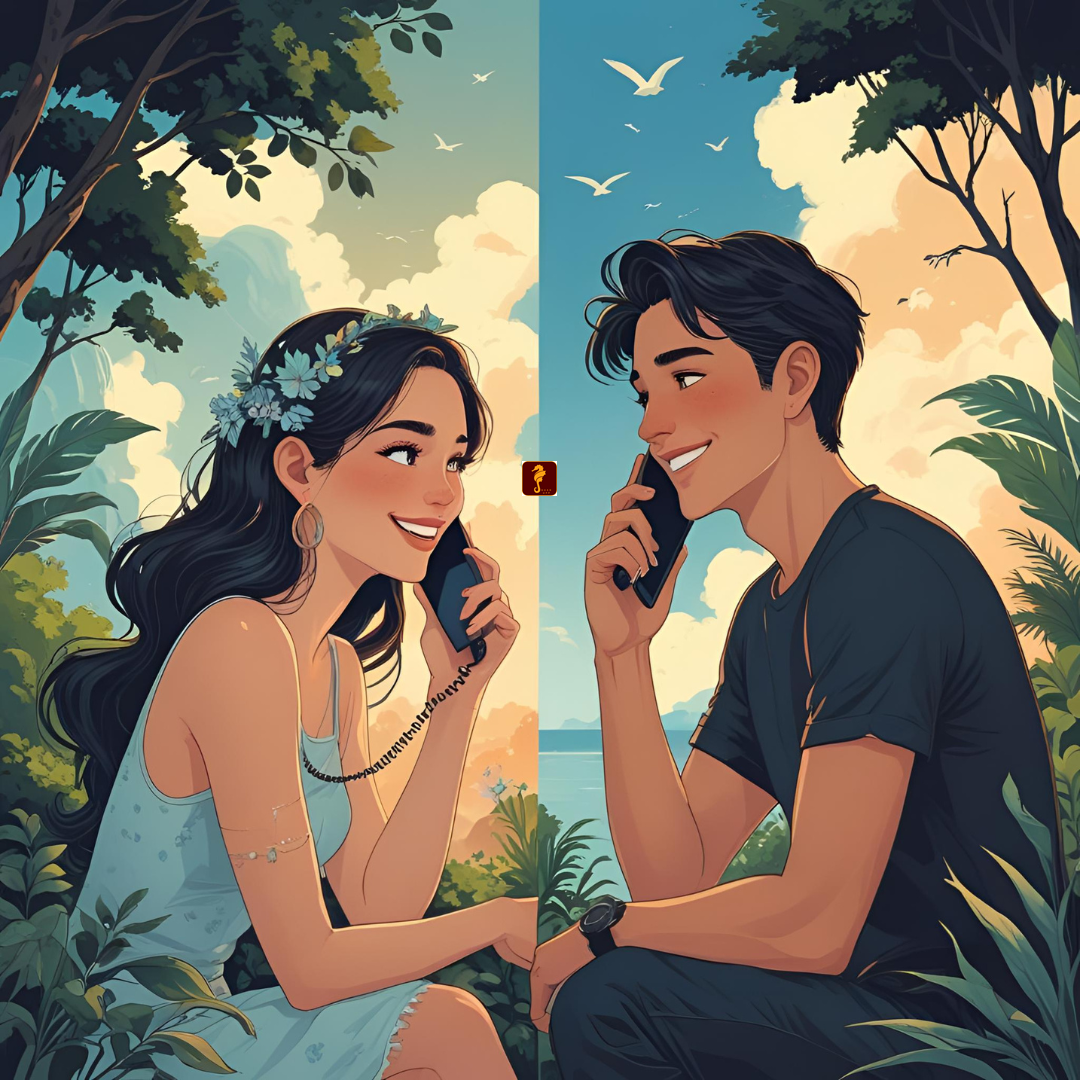 art couple in long distance relationship calling one another on phone smiling