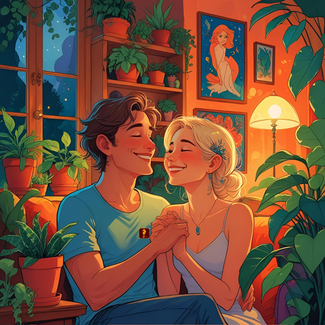 art drawing couple in love holding hands in beautiful living room