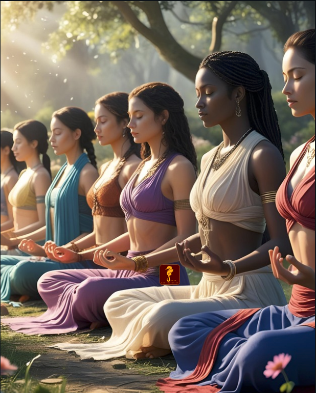 Art group of eight women meditating together