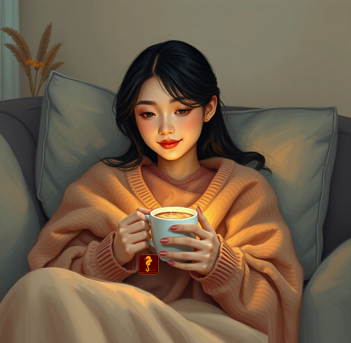 Art woman holding cup coffee thinking and contemplating introspection