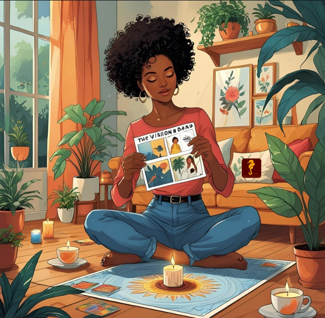 Art woman holding vision board sitting on floor designing her life