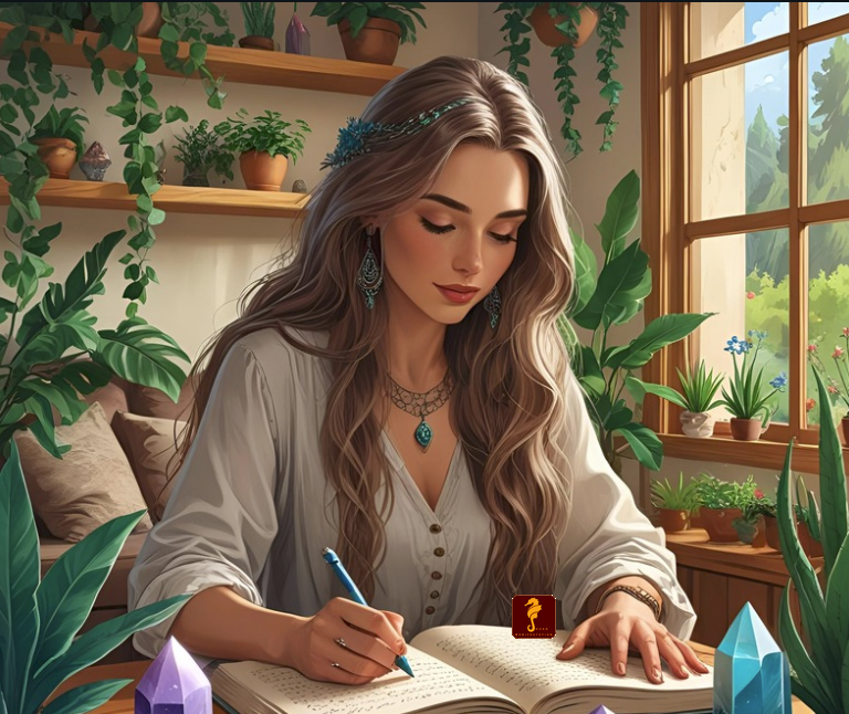 Art woman journaling for manifestation with crystals