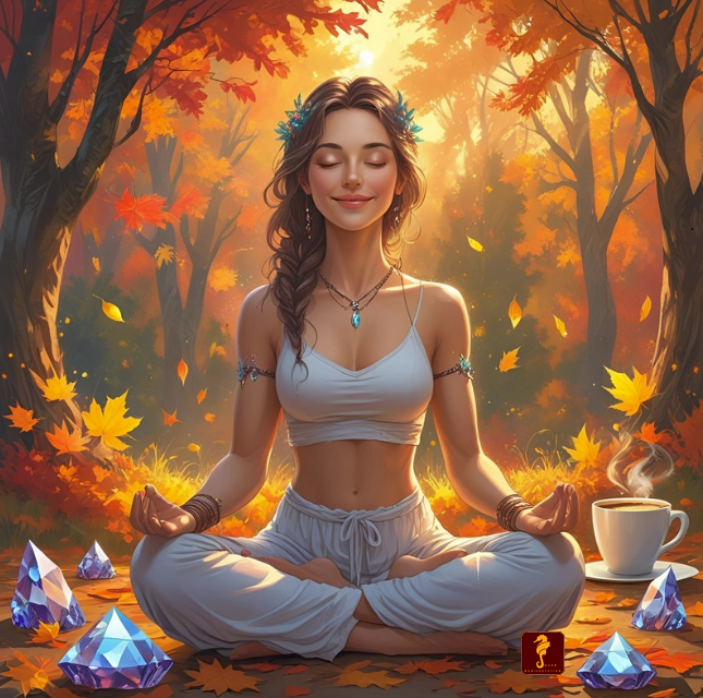 Art woman smiling meditating in beautiful fall autumn aesthetic forest with orange leaves