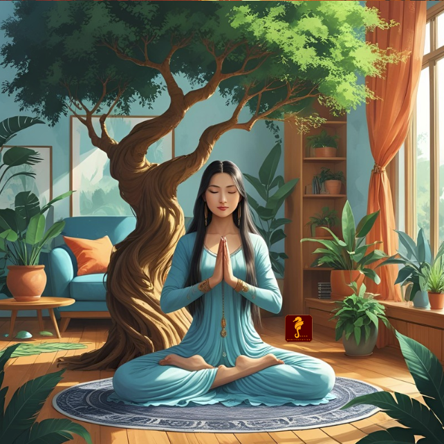 Art yogi with long hair meditating hands in prayer position by tree