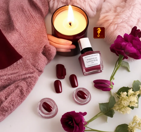 Beautiful pink burgundy manifestation self-care layout with candle nail polish flower