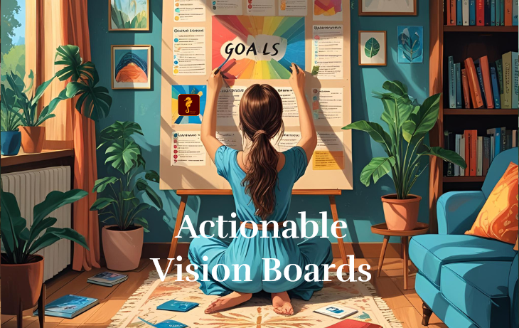Drawing productive balanced woman smiling at her vision board