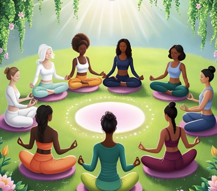 Squad Upp art women circle meditating in circle in forest